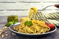Pasta with fresh homemade pesto sauce and food ingredients Royalty Free Stock Photo