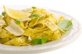 Pasta with pesto, lemon, basil and parmesan cheese Royalty Free Stock Photo
