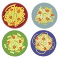 Pasta pesto with Spaghetti, penne, tagliatelle and fisilli on colored plates.