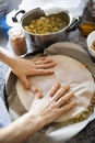 Pasta phyllo covering a layer of moroccan pastilla