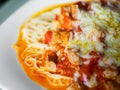 pasta with pieces of chicken and tomatoes on a white plate. Spaghetti with tomato sauce and pieces of chicken or turkey. Italian Royalty Free Stock Photo