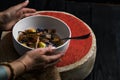 Pasta pizzoccheri with chinese cabbage, potato on dark background. italian traditional dish Royalty Free Stock Photo