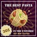 Pasta planet banner. Spaghetti with meatballs illustration. Royalty Free Stock Photo