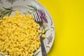 Pasta in a plate with a fork on the table for lunch without meat Royalty Free Stock Photo