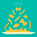 Pasta on a plate. Different pasta soar over the plate. Vector composition.