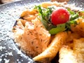 Pasta plate top view, macaroni with cherry tomato, salad and parmesan cheese. Close up food photo Royalty Free Stock Photo