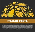 Pasta poster design for Italian food cuisine or macaroni and spaghetti restaurant. Royalty Free Stock Photo