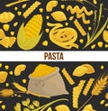 Pasta poster design for Italian food cuisine or macaroni and spaghetti restaurant. Royalty Free Stock Photo