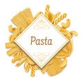 Pasta poster, italian cuisine dry macaroni background. Raw wheat food, italian cuisine dish ingredients vector illustration.