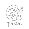 Pasta poster for menu. Stylized plate, fork and freehand lettering. Drawing of italian food with tomato sauce, basil. One Royalty Free Stock Photo