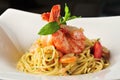 Pasta with prawns, delicious spaghetti with prawns Royalty Free Stock Photo