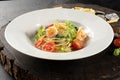 Pasta with prawns. Spaghetti, shrimps, garlic, chili, butter, grana padano. Royalty Free Stock Photo