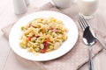 Pasta with prosciutto and green lima beans Royalty Free Stock Photo