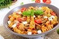 Pasta Radiatori with chicken, mushrooms, cherry tomatoes, feta cheese and tomato sauce Royalty Free Stock Photo