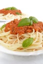 Pasta with ragu a'la bolognese on white background