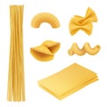 Pasta realistic. Italian food farfalle fusilli macaroni cook ingredients vector pictures of traditional cuisine