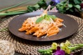 Pasta with red sauce. Penne funghi. Italian quisine