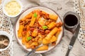 Pasta rigatoni in bolognese sauce with ground meat Royalty Free Stock Photo