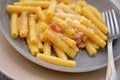 Pasta rigatoni carbonara italian traditional dish with eggs bacon