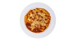 Pasta rigatoni with tomato sauce and cheese. top view. isolated