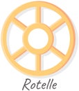 Pasta rotelle. Italian pasta cartoon icon, ruote, wagon wheel isolated on white. Flour products