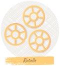Pasta rotelle. Italian pasta cartoon illustration icon, ruote, wagon wheels isolated on white