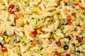 Pasta salad background with black olives, corn, peppers and surimi Royalty Free Stock Photo