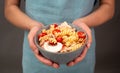 Pasta salad in a bowl, sliced mushroom, tomato, red pepper pieces and tuna, healthy food with vegetables, fresh organic nutrition Royalty Free Stock Photo