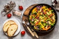 Pasta salad with broccoli, vegetables, cabbage, tomato, beans, peas and greens Royalty Free Stock Photo