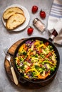 Pasta salad with broccoli, vegetables, cabbage, tomato, beans, peas and greens Royalty Free Stock Photo