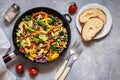 Pasta salad with broccoli, vegetables, cabbage, tomato, beans, peas and greens Royalty Free Stock Photo