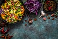 Pasta salad with broccoli, vegetables, cabbage, tomato, beans, peas and greens Royalty Free Stock Photo