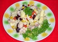 Pasta salad, chicken, olives and vegetables