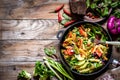 Pasta salad with fresh herbs spinach, vegetables and green peas Royalty Free Stock Photo