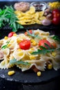 Pasta salad in slate plate with tomatoes cherry, tuna, corn and arugula. ingredients. Italian food. Royalty Free Stock Photo