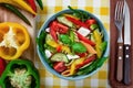 Pasta salad with tomato,arugula, cucumber, peppers,hot peppers, black and green olives Royalty Free Stock Photo