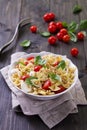 Pasta salad with tomato, mozzarella, pine nuts and basil Royalty Free Stock Photo