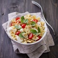 Pasta salad with tomato, mozzarella, pine nuts and basil Royalty Free Stock Photo