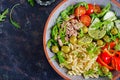 Pasta salad with tuna, tomatoes, olives, cucumber, sweet pepper Royalty Free Stock Photo