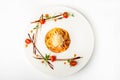 Pasta with sauce and tomatoes in a restaurant close-up. Italian pasta with microgreens on a white plate and copy space Royalty Free Stock Photo