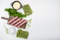 Pasta sausage carbonara ingredients, on white stone table background, top view flat lay, with copy space for text Royalty Free Stock Photo