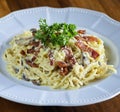 Pasta with sausage cheese and greens Royalty Free Stock Photo