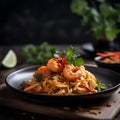 Pasta with seafood in a black plate on the background of greenery and dark background. King prawns, tomatoes, noodles