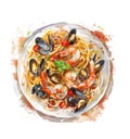 Pasta and seafood on plate. Vegetables and herbs. Watercolor illustration. Isolated picture for design.