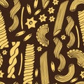Pasta seamless pattern. Vintage sketched background with deifferent types of vermicelli. Italian food for menu design.