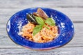 Pasta served with mussels and fresh basil. Royalty Free Stock Photo