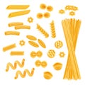 Pasta set isolated on white, different kinds of macaroni and spaghetti uncooked, vector illustration