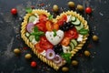 Pasta in the shape heart salad with tomatoes, cucumbers, olives, mozzarella and red onion Greek style Royalty Free Stock Photo