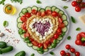 Pasta in the shape heart salad with tomatoes, cucumbers, olives, mozzarella and red onion Greek style Royalty Free Stock Photo