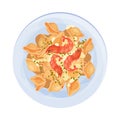 Pasta of Shell Macaroni Products with Prawns Served on Plate Vector Illustration